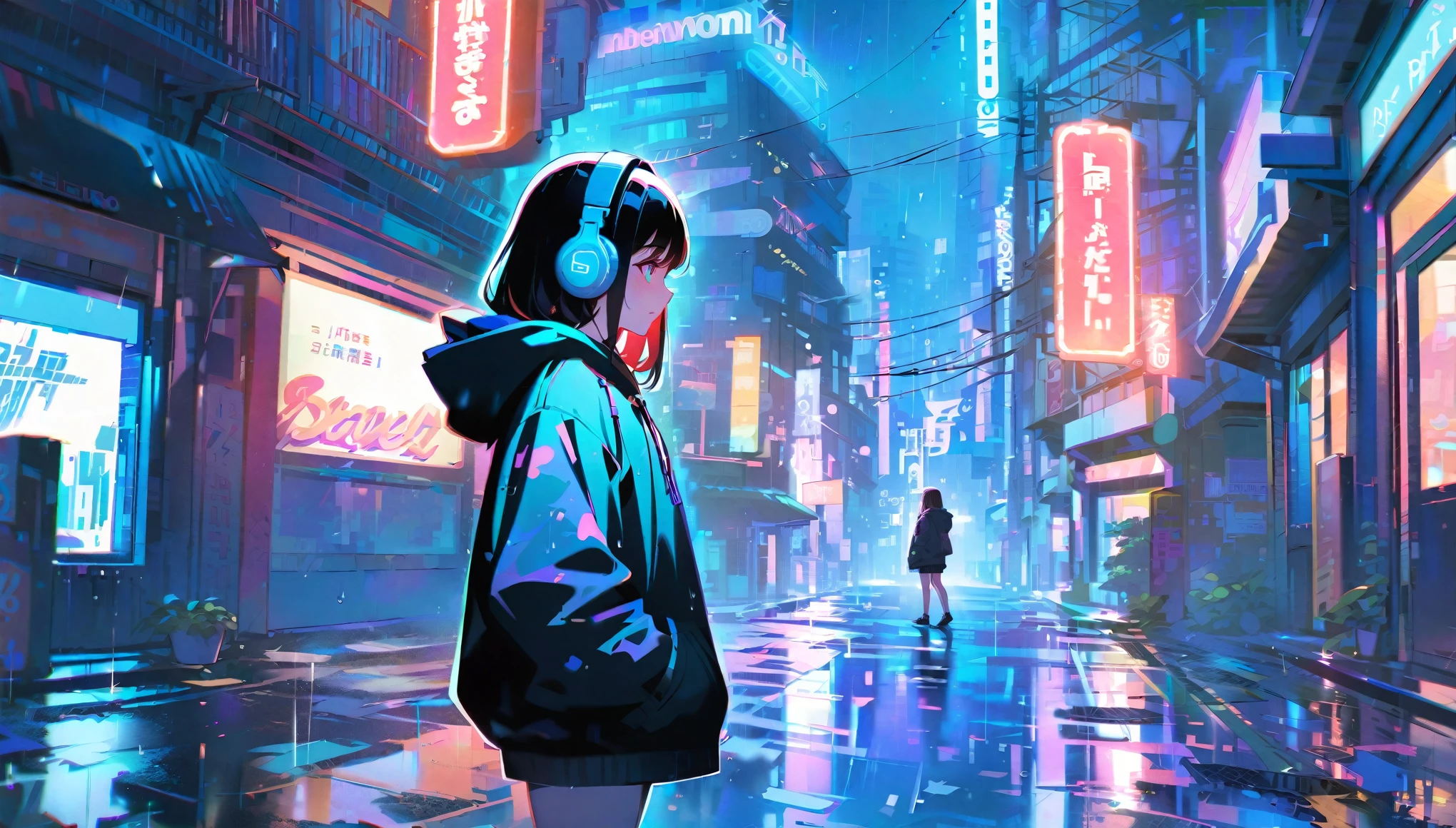 masterpiece,One girl,alone,Incredibly absurd,hoodie,Headphones, street,Outdoor,rain,Neon Light,