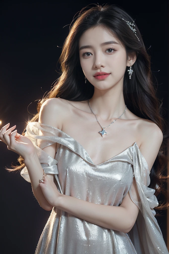 (((best quality))),(((ultra detailed))),(((masterpiece))),illustration,((A beautiful female astrologer,solo)),((slim,thin)),((small breasts,flat chest)),((shoulder length straight hair)),(laughing:1.2),(earrings,necklace),(sparkled sheer shirt-dress:1.3),standing beneath a magical summer night, stars twinkling in the velvety darkness,starry sky, sapphire eyes filled with wonder, flowing ethereal gown mimicking the stars, silver pendant shaped like a horoscope,serene smile and captivating gaze, celestial beauty and mystery, solace and inspiration in the vast expanse of the universe,((from front,upper body))
