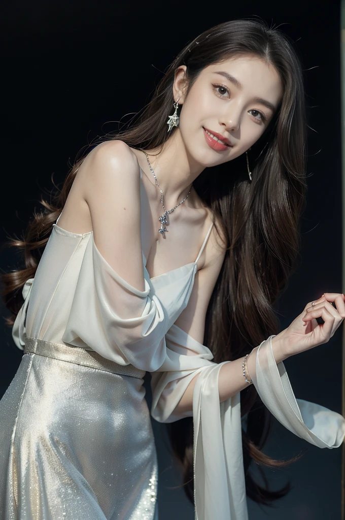 (((best quality))),(((ultra detailed))),(((masterpiece))),illustration,((A beautiful female astrologer,solo)),((slim,thin)),((small breasts,flat chest)),((shoulder length straight hair)),(laughing:1.2),(earrings,necklace),(sparkled sheer shirt-dress:1.3),standing beneath a magical summer night, stars twinkling in the velvety darkness,starry sky, sapphire eyes filled with wonder, flowing ethereal gown mimicking the stars, silver pendant shaped like a horoscope,serene smile and captivating gaze, celestial beauty and mystery, solace and inspiration in the vast expanse of the universe,((from front,upper body))