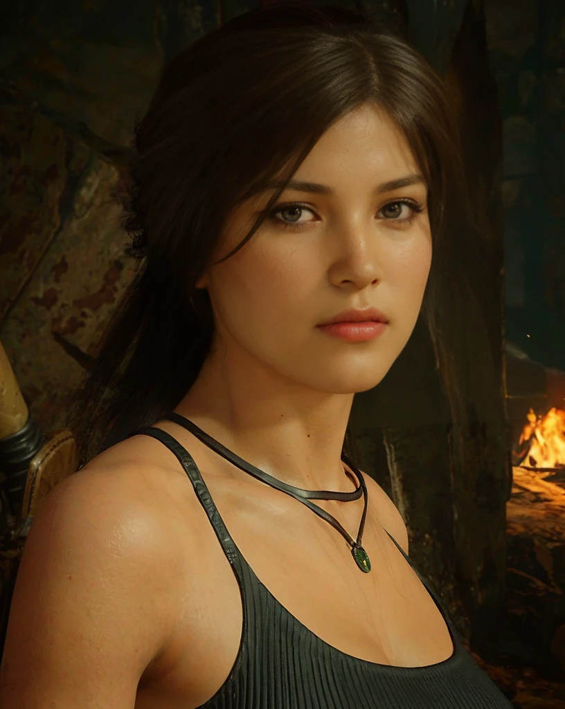 Lara Croft, eyes browns, (best qualityer, ultra details), (realisitic:1.37), beautiful and detailed face, ultra-realisitic texture, Exquisite face, Delicate body, red lipgloss stick, shiny colors. High definition, 8K, angry expression 