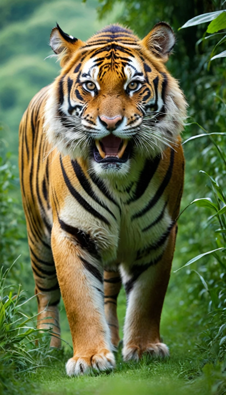 There is a kind of beast,Looks like a tiger but has a cow's tail(best quality,4K,8K,High level,masterpiece:1.2),Ultra Detailed,(lifelike,Photo real,Photo real:1.37),Highly detailed animals,Complex patterns,Realistic lighting,Fantasy Creatures