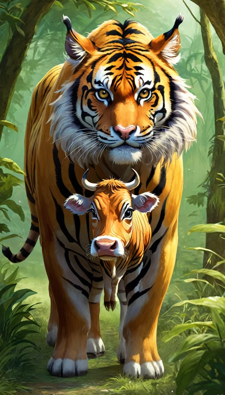 There is a kind of beast，Looks like a tiger but has a cow&#39;s tail（best quality，4K，8K，High level，masterpiece：1.2），Ultra Detailed，（lifelike，Photo real，Photo real：1.37），Highly detailed animals，Complex patterns，Realistic lighting，Fantasy Creatures