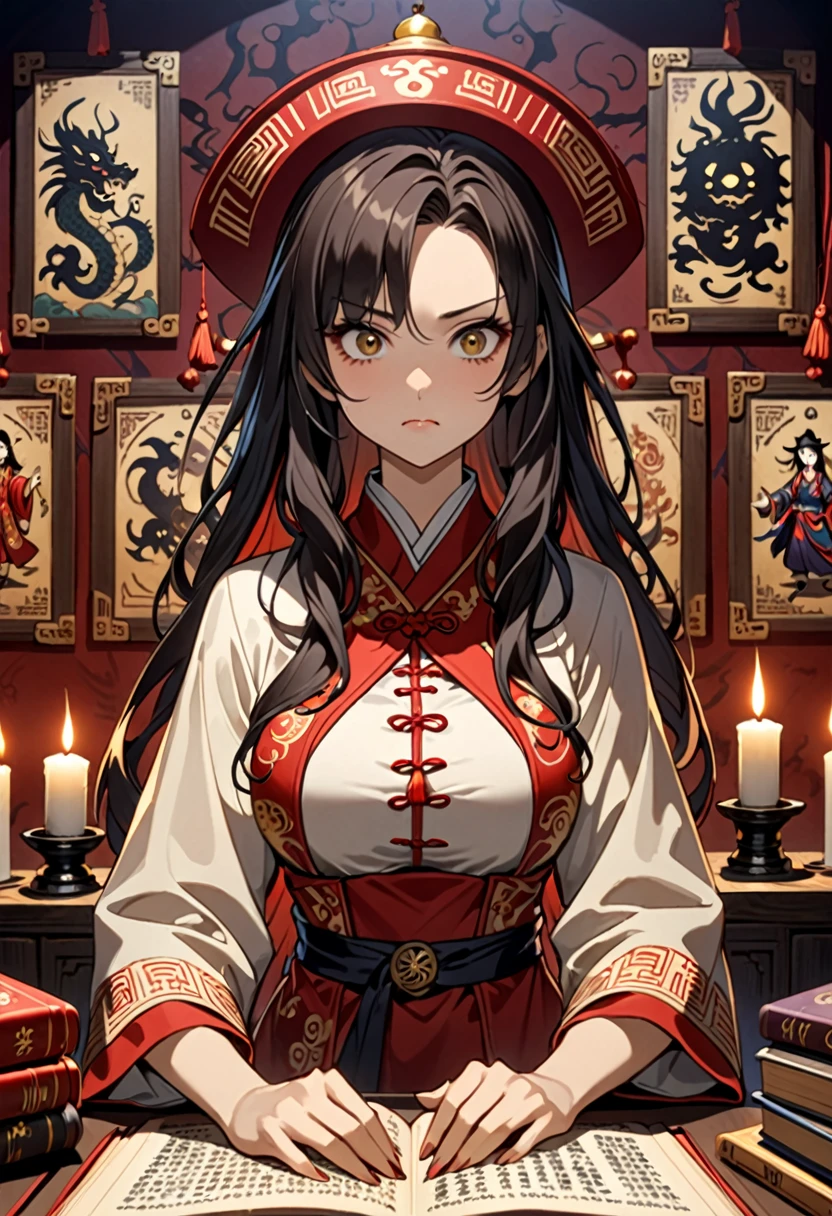 Highest quality, 16K, Unbelievably absurd, Very detailed, 2.5D, delicate and dynamic, , formal, Fortune Telling Hut, Chinese style, candle, Astrology Books, Asian monster figurine, , 分厚いAstrology Books, Creepy Paintings, , Dragon mural, spooky, Dimly lit room, Small face, Very delicate facial expressions, Delicate eye depiction, Upper body close-up, erotic, One sexy woman, Cool woman, black long wavy hair, Healthy body shape, 25-year-old woman, Cool woman, King Enma, Height: 170cm, huge bouncing busts, astrologer, Horoscope, to pronounce a death sentence, Suspicious look, Chinese clothing with a complex structure, Chic colored clothes, , Magician&#39;s Shoes, Chinese styleの椅子に座る, At the desk, Fortune telling, 