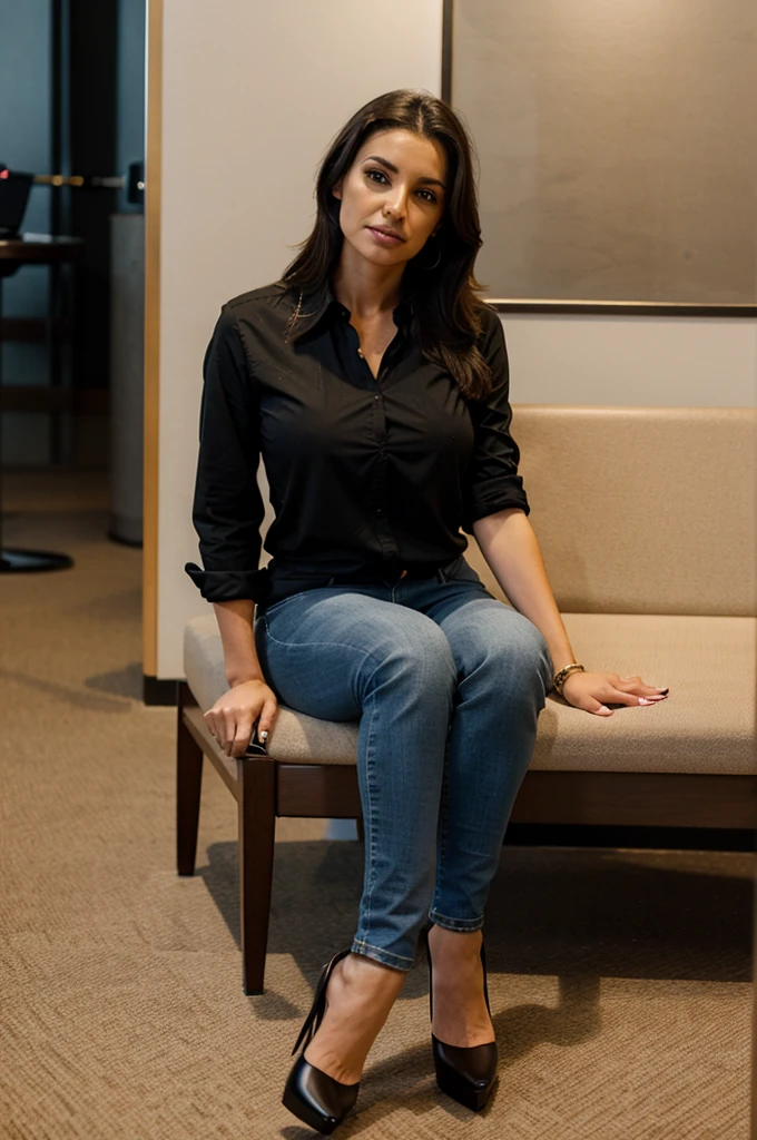 teacher, in jeans, black shirt, stiletto heels, sitting in the waiting room of the 5 star hotel.