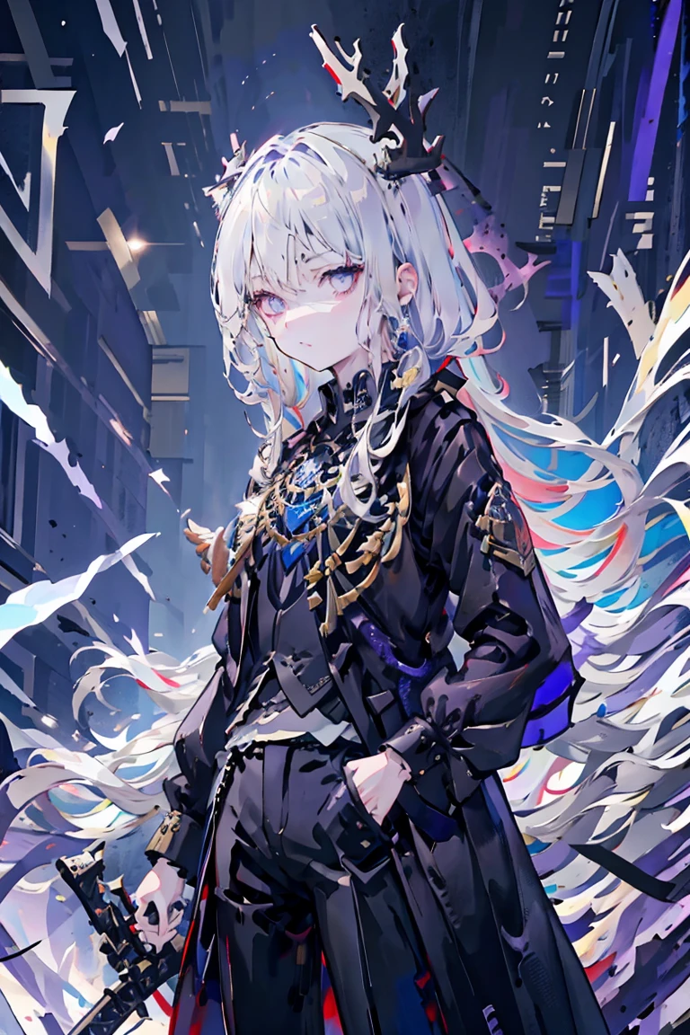 Silver Hair, Fair skin, Girl,  Long Hair, shirt, Black trousers, Black long coat, sword, Sign of holding a weapon with one hand, Expressionless purple and blue eyes