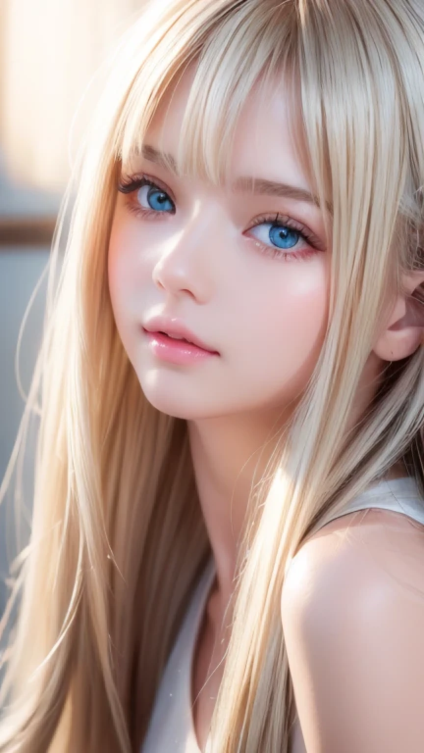 Dressed、(Photorealistic:1.4)、(ハイパーRealistic:1.4)、(Realistic:1.3)、(Smooth lighting:1.05)、(Improved cinematic lighting quality:0.9)、32k、1 Girl、A beautiful woman、Very cute expression、A beautiful 15 year old blonde girl、bangs that fall on the face、Bangs left over the eyeessy bangs between the eyes and nose、Realistic top lighting、Backlight、Face Light、Super long silky platinum hair、Blonde rays、(Bright light:1.2)、(quality improvement:1.4)、(Highest quality realistic textured skin:1.4)、Very beautiful, detailed, shiny, very bright, mint blue, large eyes、Very big eyes、Detailed face、A careful eye for quality、(Tired, sleepy and satisfied: 0.0)、Face close up、T-Shirts、(Enhances the body line:1.1)、(Enhances the beauty of skin texture:1.1)、Cheek gloss highlighter、Small Face Beauty、Round face、Very white and bright skin