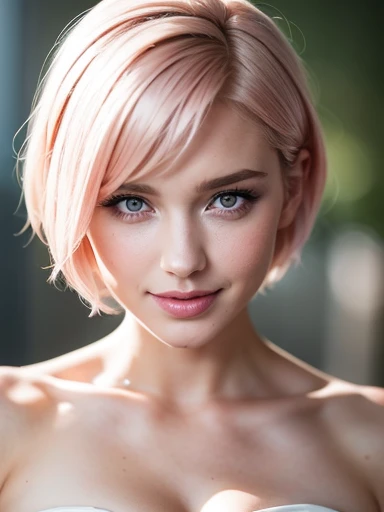 perfect figure beautiful woman, pink short hair, beautiful belly breasts, large breasts ,bandeau dress, Highly detailed facial and skin texture, A detailed eye, double eyelid ,Whiten skin ,gentle smile