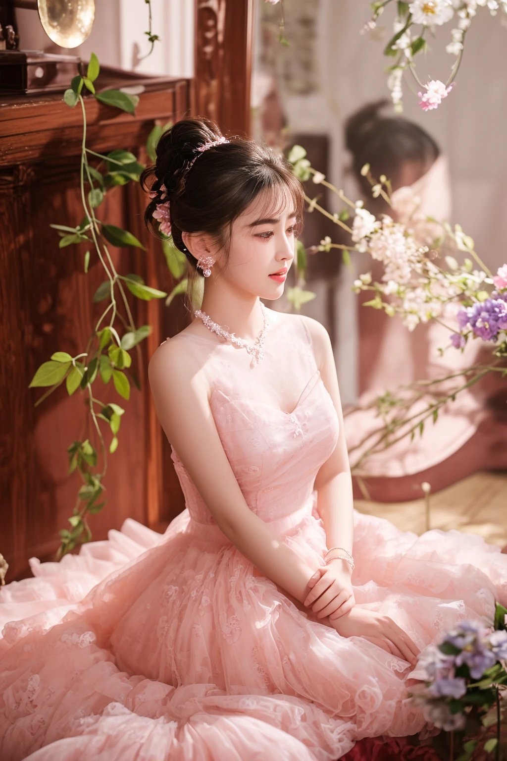 there is a woman sitting on a bed in a pink dress, wearing a pink ballroom gown, wearing organza gown, sha xi, dilraba dilmurat, photoshoot, portrait image, fanart, cute elegant pose, dressed in a pink dress, wearing pink floral gown, ( side ) profile, inspired by Huang Ji, ethereal lighting - h 0