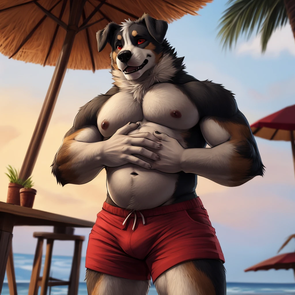 masterpiece, (beautiful sexy ,cute, young, male),(by oldshep, by solaxe, by samihameha ), best quality, hd, high detail, a lot of small details,(outside of a seaside restaurant, detailed background),(looming, waist up, low angle, talking, hand on stomach, satisfied) , ((collie)), (big detailed red eyes), (boyish , delicate facial features, detailed face), ((shorts)), (good hands, perfect hands, (humanoid hands)), long legs, (perfect body, realistic proportions, muscular, big meaty pecs)