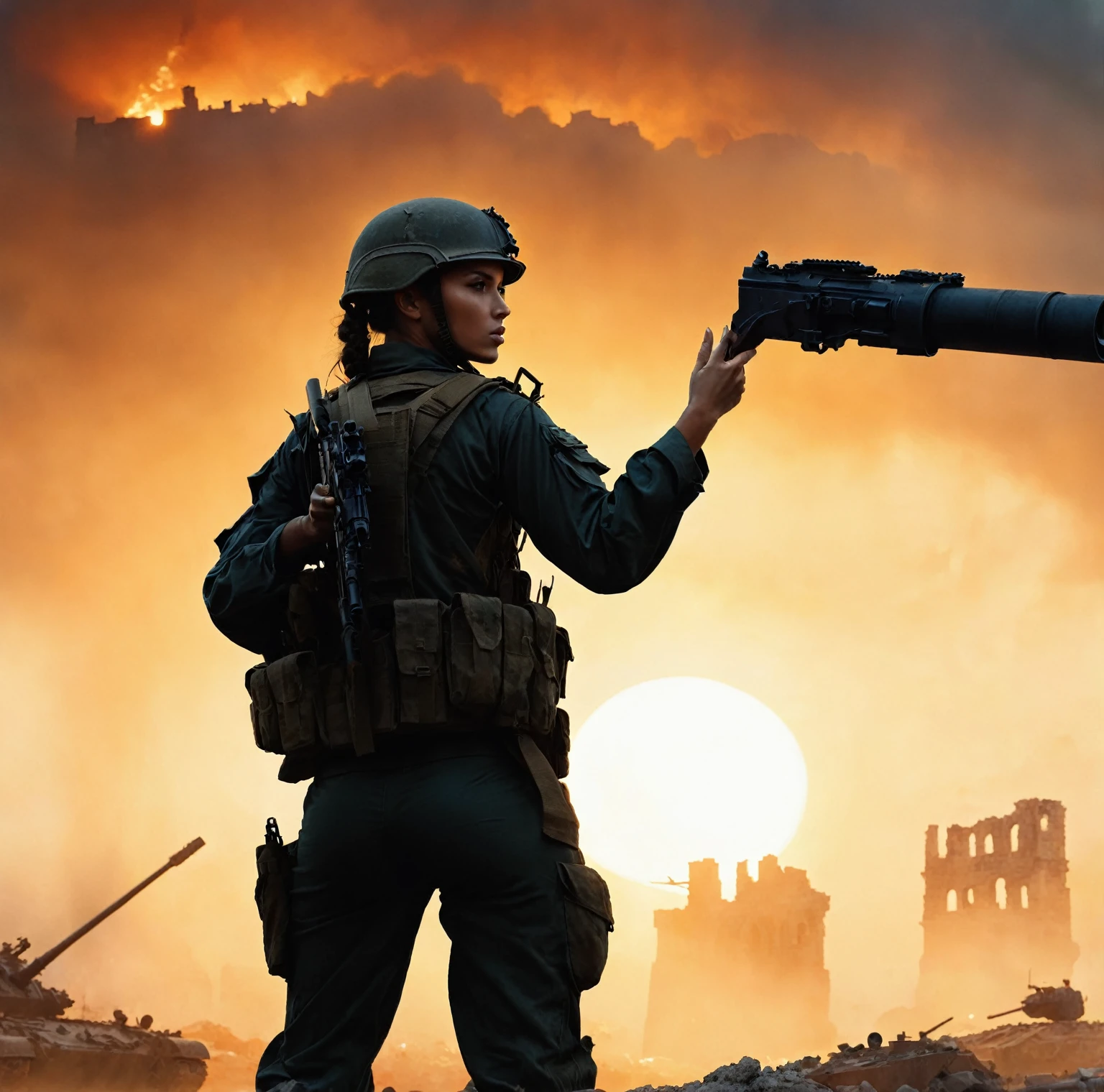 (A female soldier raised her hand to touch something,Background is the ruins of the city,Under the sunset:1.5),(Carrying a sniper rifle on his back)painting masterpiece, Extremely detailed, Black White Dark Steel Dark Blue Black Light Brown Dark Brown White Light Orange Dark Red Dark Green, Dramatic Lighting, evening, High contrast, steam, FOG, Israeli soldiers fighting with tanks on the battlefield, Movie Lighting, Aspect ratio of 16:9, steam, 4K, professional ominous Concept Art, author:artgerm and greg rutkowski, complex, elegant, Highly detailed digital painting, Concept Art, Smooth, Clear focus, illustration, Simon Starenhagen's style, Wayne Barlow, 和 igor kieryluk., Acrylic painting, Popular in pixiv Fan Box, Palette knife and brush strokes, Makoto Shinkai's styleJamie WiseJames GirardEdward HopperGreg RutkowskiStudio GhibliGenshin Impact