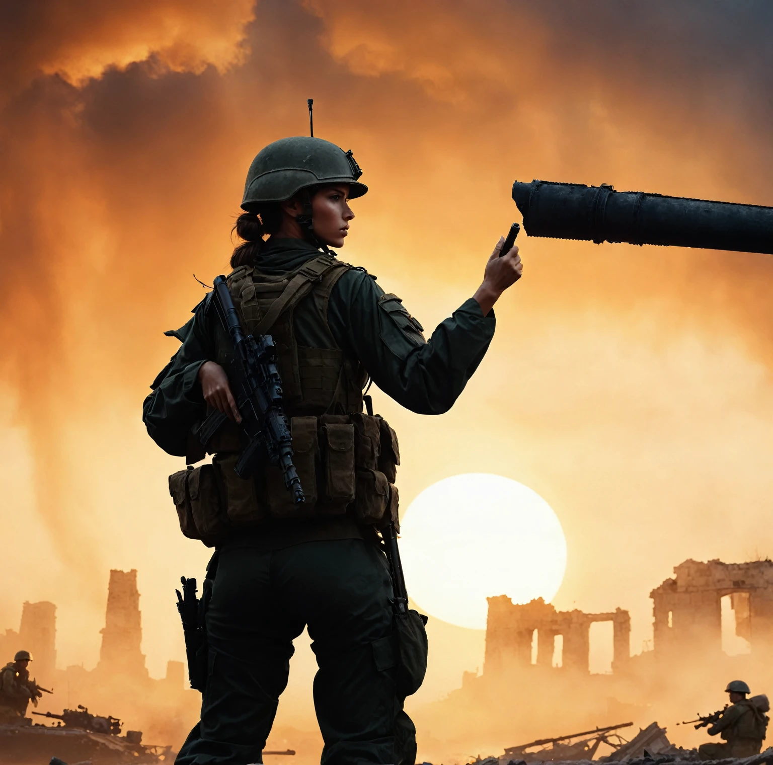 （A female soldier raised her hand to touch something，Background is the ruins of the city，Under the sunset：1.5），（Carrying a sniper rifle on his back）painting masterpiece, Extremely detailed, Black White Dark Steel Dark Blue Black Light Brown Dark Brown White Light Orange Dark Red Dark Green, Dramatic Lighting, evening, High contrast, steam, FOG, Israeli soldiers fighting with tanks on the battlefield, Movie Lighting, Aspect ratio of 16:9, steam, 4K, professional ominous Concept Art, author：artgerm and greg rutkowski, complex, elegant, Highly detailed digital painting, Concept Art, Smooth, Clear focus, illustration, Simon Starenhagen&#39;s style, Wayne Barlow, 和 igor kieryluk., Acrylic painting, Popular in pixiv Fan Box, Palette knife and brush strokes, Makoto Shinkai&#39;s styleJamie WiseJames GirardEdward HopperGreg RutkowskiStudio GhibliGenshin Impact
