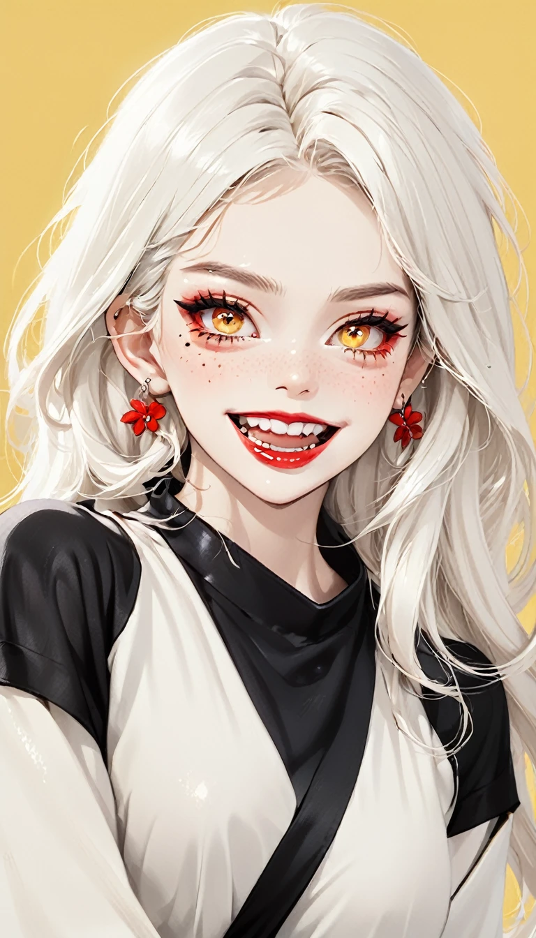 Yellow Background, Beautiful white-haired Russian woman with piercing red eyes, Open your lips wide and smile, Black nails,