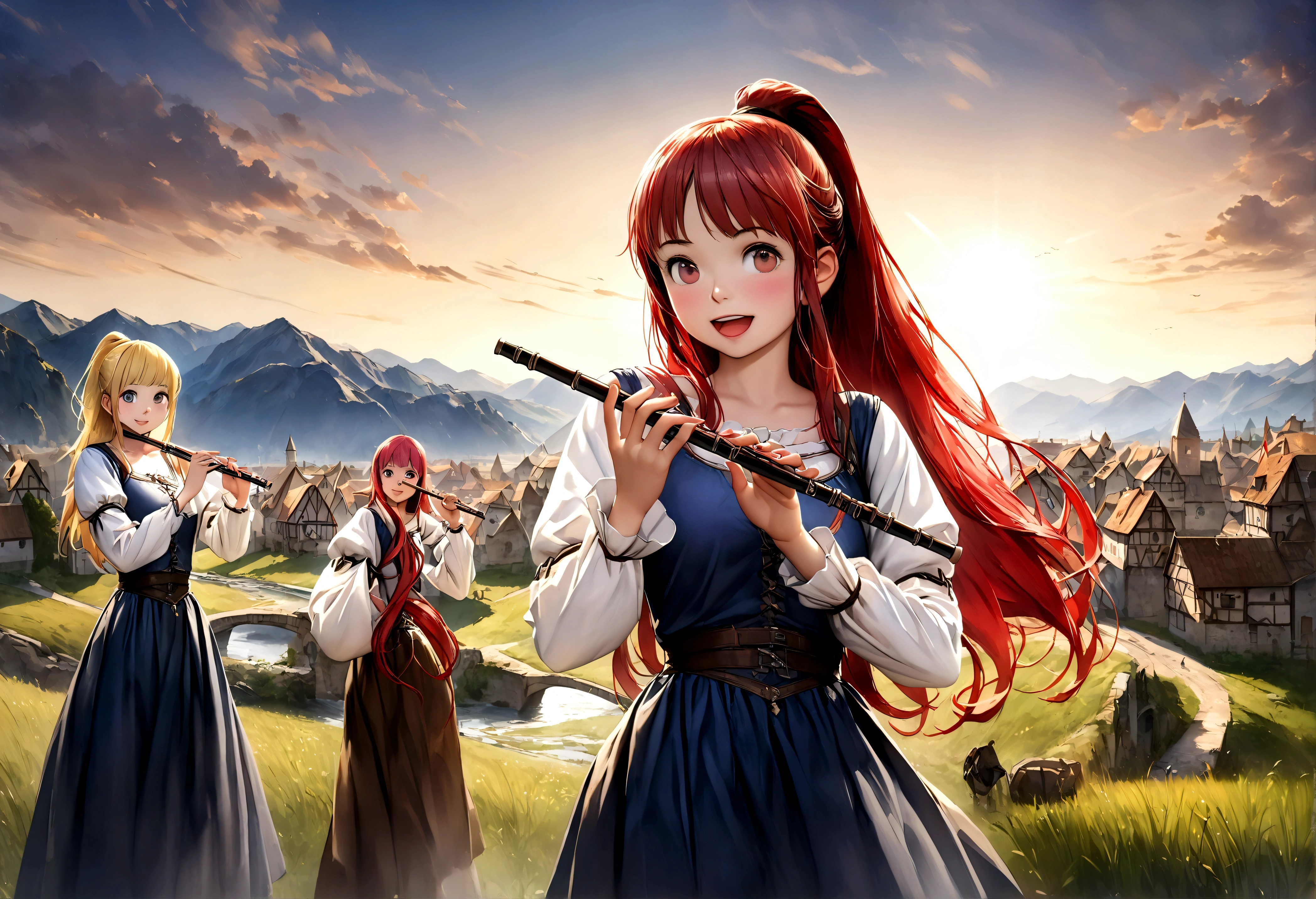 (((Top quality, 4k, 8k, high resolution, masterpiece: 1.2))), (super detailed), (realistic), (photorealistic), (photorealistic: 1.37), (HDR, UHD), (studio (lighting)), ultra-fine drawing, sharp focus, physically based rendering, highly detailed, professional, vibrant colors, perfect ditaile hand, highly detailed realistic eyes, girl, one girl, multiple girls, A lot of girls,  smile, open mouth, close mouth, short hair, medium hair, medium length, long hair, ponytail, red hair, blue hair, blonde hair, green hair, pink hair, medieval European clothing, Citizen's Clothing from Medieval Europe, miniskirt, mid-length skirt, long skirt, chinos pants, (((playing the flute))), (((playing the drums))), Medieval European town, Countryside, Medieval European rural village, Rural grassland, Mountain view, Rural river, Irrigation canal, anime, cartoon, kawaii, qute, (((Long shot, Panorama, Distant view, Vast landscape))), knees, feet,  looking at viewer, 