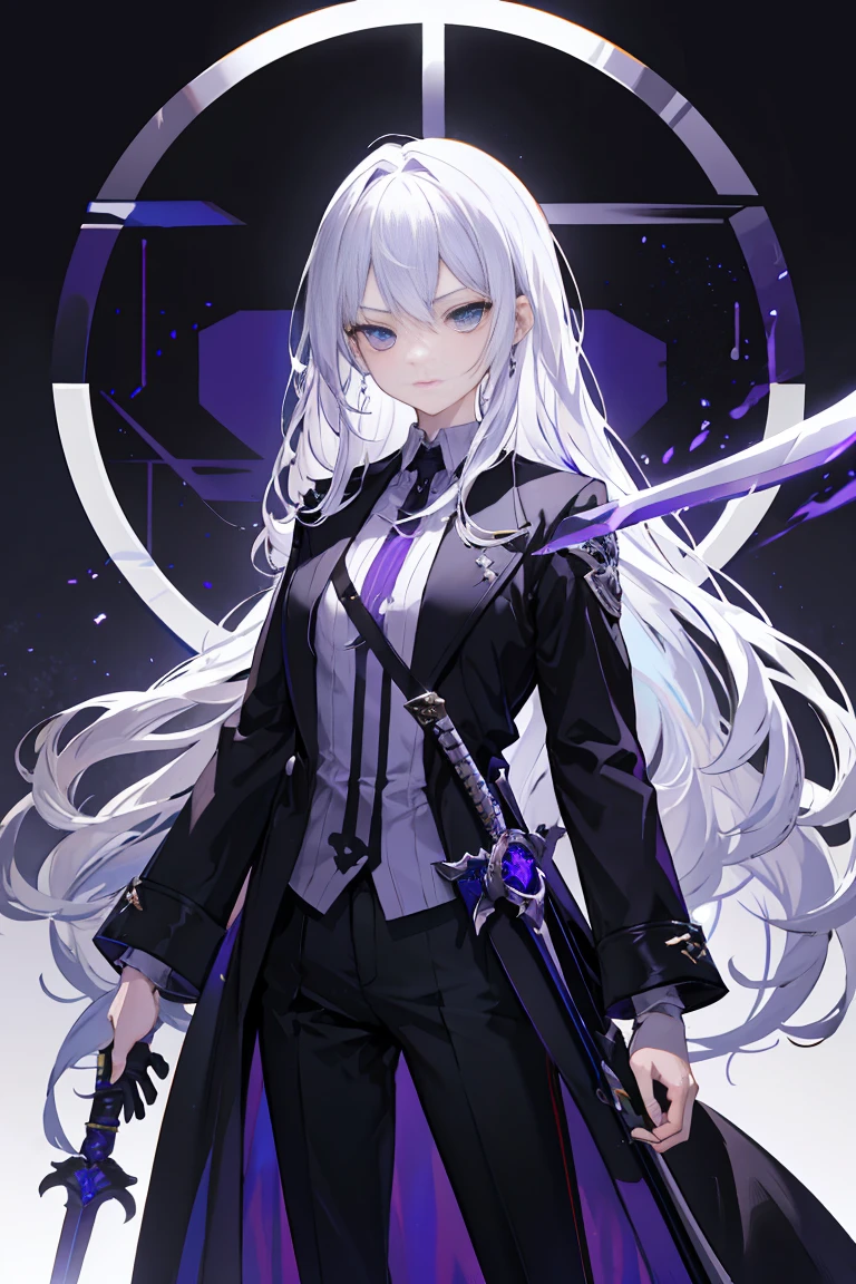 Silver Hair, Fair skin, Girl,  Long Hair, shirt, Black trousers, Black long coat, sword, Sign of holding a weapon with one hand, Expressionless purple and blue eyes