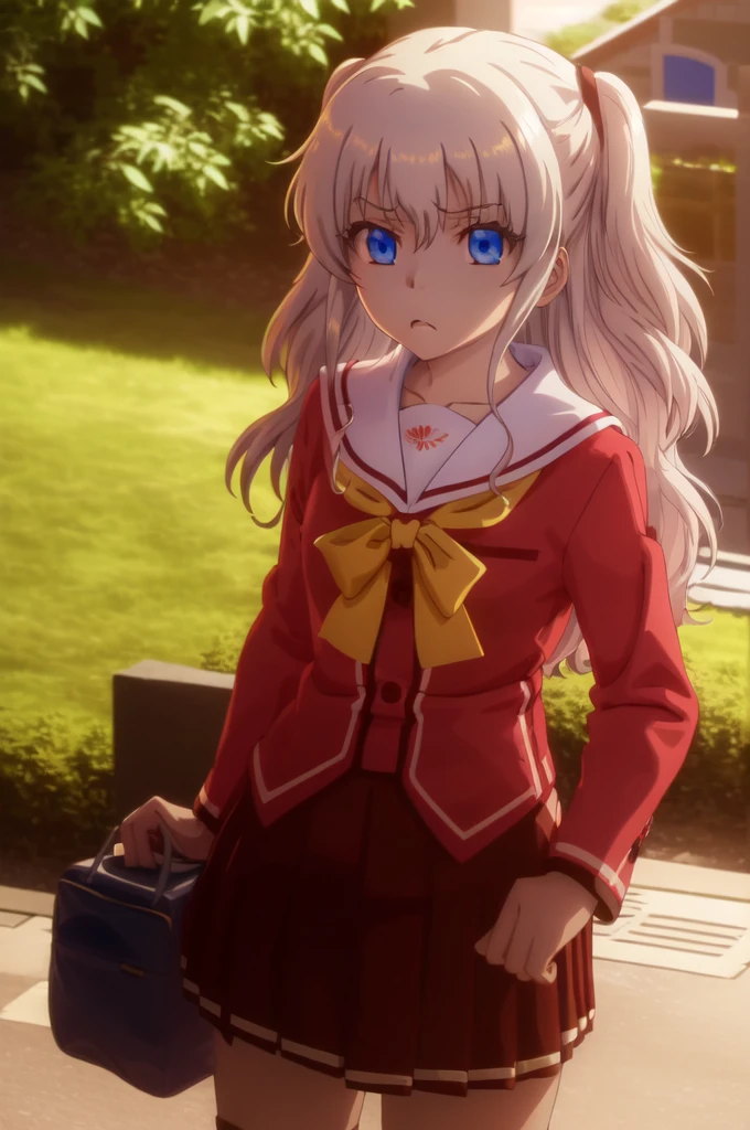 1girl,åå©å¥ç»ª,long hair,two side up,white hair,blue eyes,hair between eyes,
,serafuku,red skirt,pleated skirt,bag,yellow neckerchief,red shirt,collarbone,long sleeves,frown,portrait,face_focus,, (masterpiece:1,2), best quality, masterpiece, highres, original, extremely detailed wallpaper, perfect lighting,(extremely detailed CG:1.2),