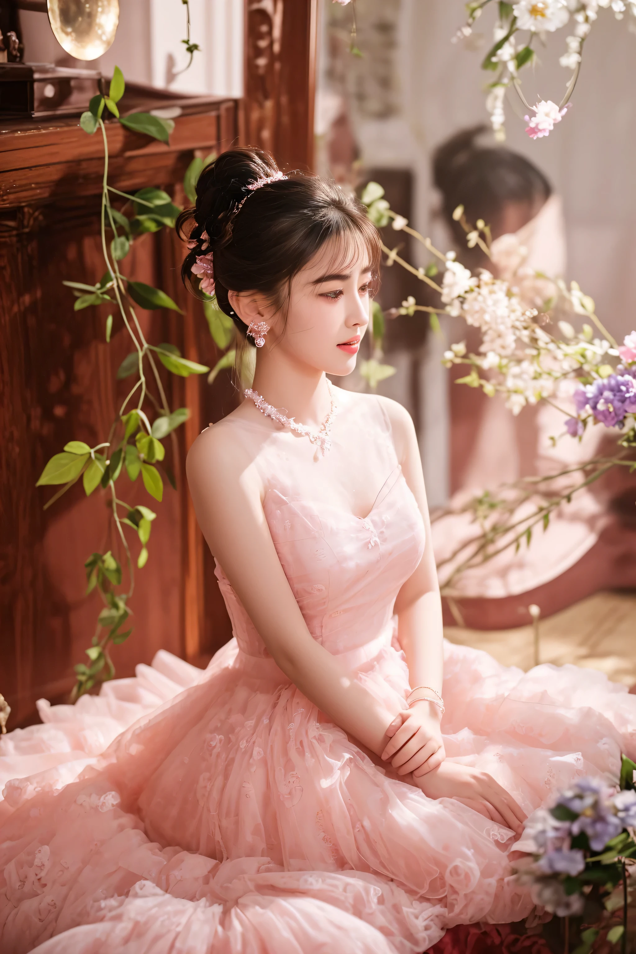 there is a woman sitting on a bed in a pink dress, wearing a pink ballroom gown, wearing organza gown, sha xi, dilraba dilmurat, photoshoot, portrait image, fanart, cute elegant pose, dressed in a pink dress, wearing pink floral gown, ( side ) profile, inspired by Huang Ji, ethereal lighting - h 0