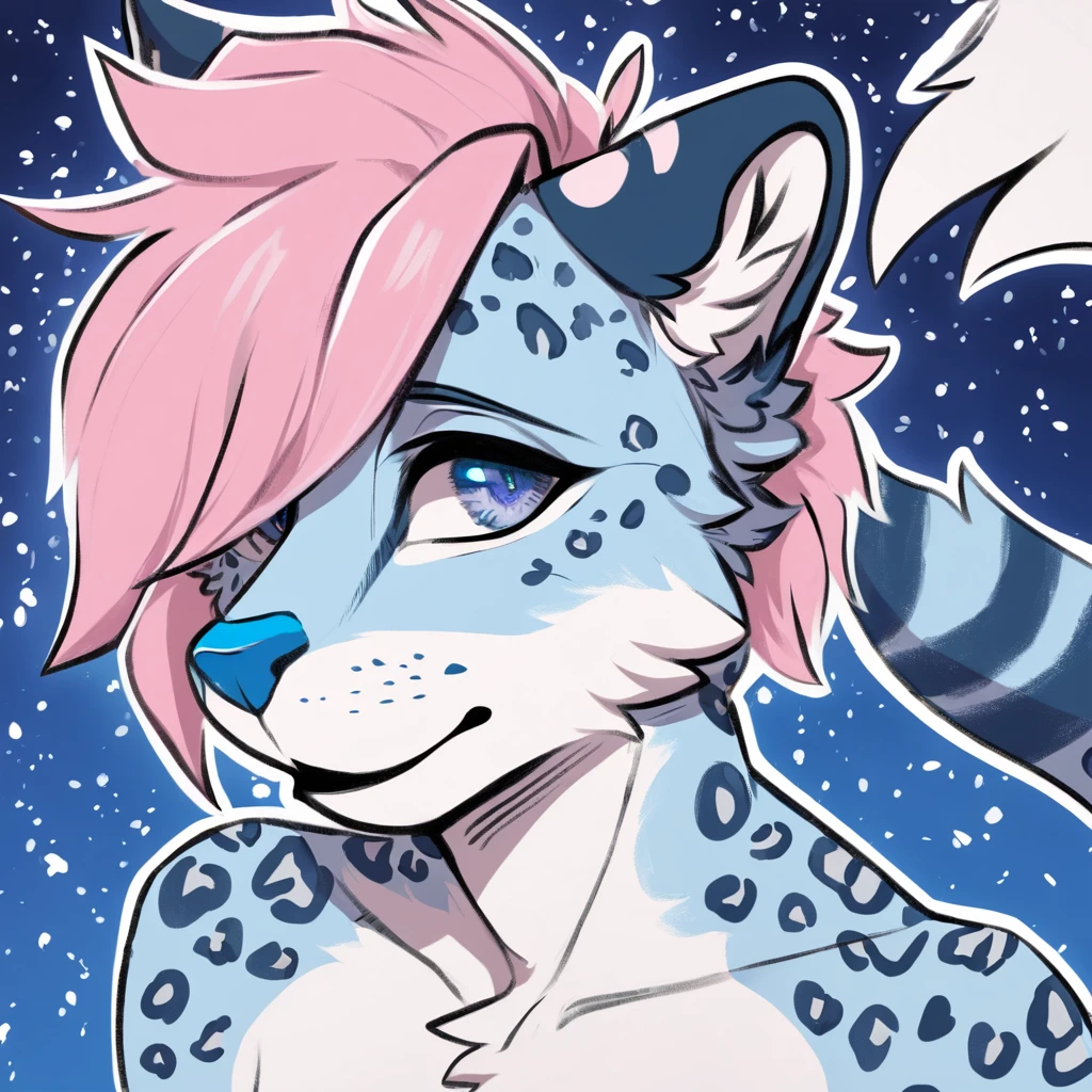 adult, feline, mammal, anthro, anthropomorphic, snow_leopard, striped, fur, striped_feline, fur, furred_anthro, femboy, male, light_pink, fluffy, long_tail, blue_nose, expressive eyes, feline_ears, pink_hair, blue_fur, light_blue_chest, shy, small_pupils, spotted_pattern, stripes, digital_art, high_resolution, high_res, hand-drawn, pencil_lines, head_visible, background, neck_visible, seductive_face, blue_galaxy_background, white_outline, detailed_line_work, profile_picture, head_visible