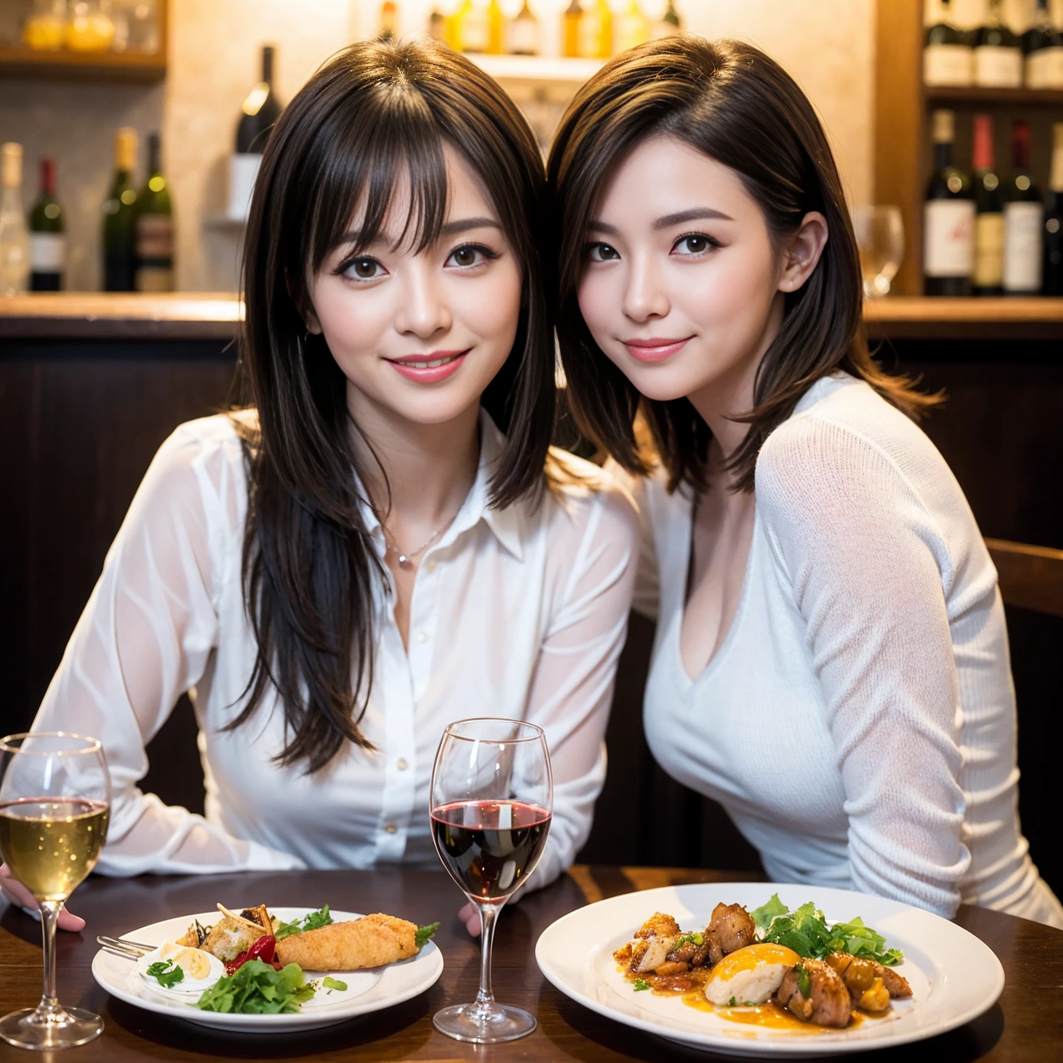 ((Highest quality、8K、masterpiece:1.3))、slimカップル、modelカップル、(Realistic, Intricate details:1.2), full-course dinner、Wine Party、Amazing view of the sunset sky and clouds、A bright smile、The wonderfulness of smile、Bright image、The beauty of wine, Beautiful Face, blue eyes, The light shines on your face, Blushing, short hair,Bright Face、 (Age 37), 39 years old, red wine 、Appetizers、Italian food、Wine bottle、Champagne、sparkling wine、Two beauties、Brown Hair、Shortcuts、Long sleeve shirt、dress、Beautiful woman 1, (slimな顔), (The body is slim), (Brown Hair), (Shortcuts), cheeks turn a little red,Attractive beauty、restaurant, In a prominent place (From the waist up) Nova Frog Style, actress, model, Upper Body, White wine, slim, wine glass, 中央に置かれたwine glass, smile, (smile: 1.15), Beautiful fine grain, Depth f/2,saturation, High Contrast, Strong light and shadow,Moist Body:1.5、3D texture、Delicate eyes、Brown Hair、The hair is very shiny、