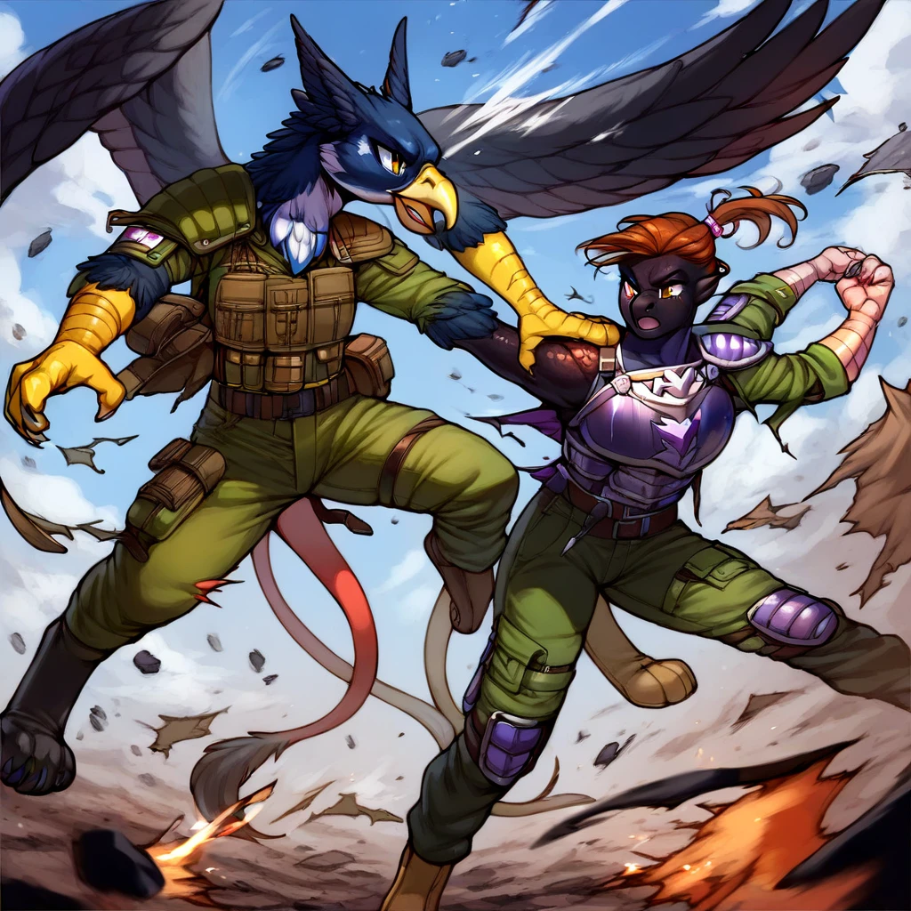 score_9_up, ((adult)), (gryphon:1.2), (couple, female, dragon scales, black scales), with Center parted shoulder length hairstyle, (wearing military clothes, armor, pants), (damaged, battle scene, fighting), action pose, show legs, scene background