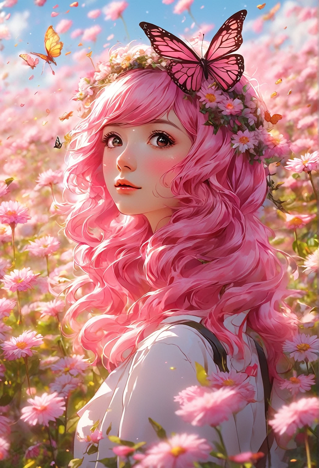 anime girl with pink hair and butterfly headband in a field of flowers, anime style 4 k, anime art wallpaper 4 k, anime art wallpaper 4k, detailed digital anime art, beautiful anime art style, anime art wallpaper 8 k, anime wallpaper 4 k, anime wallpaper 4k, anime style. 8k, kawaii realistic portrait, anime styled digital art, beautiful anime portrait