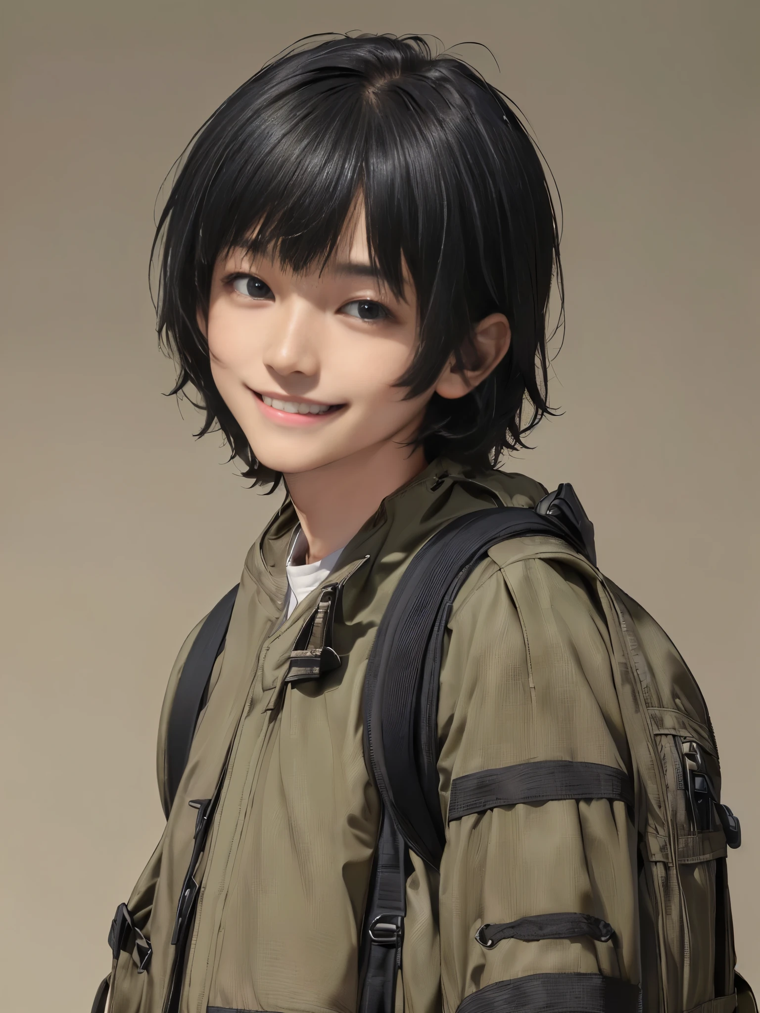 (((Masterpiece))), (high quality), one Japanese boy, 18 years old,(tall and thin,sleepy droopy eyes, long face, (thin cheeks:1.2),(black shaggy short hair,blank expression,smile:1.5),(khaki outdoor jacket,Black Rucksack,Close-up of face:1.5),(Plain background:1.5),