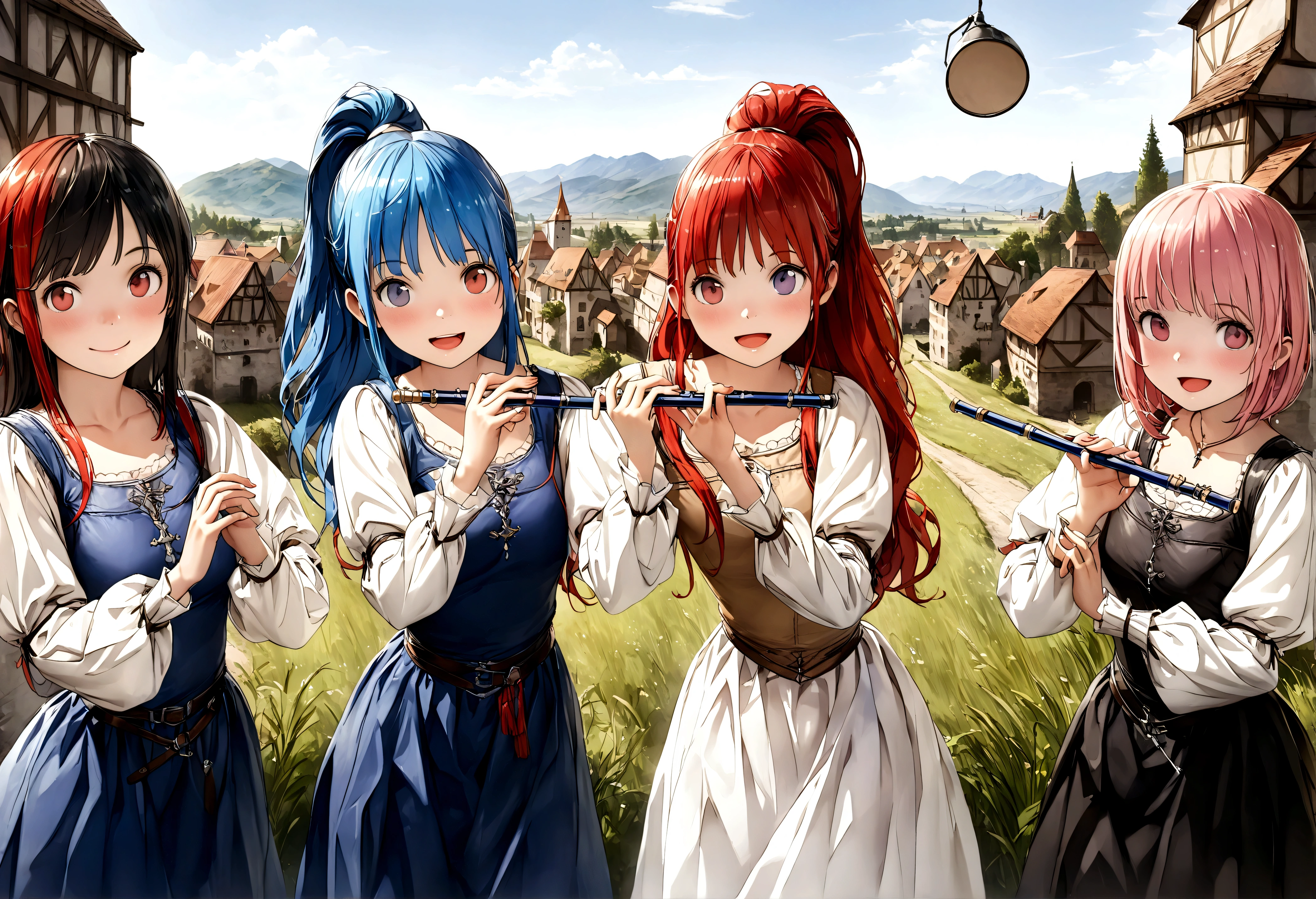 (((Top quality, 4k, 8k, high resolution, masterpiece: 1.2))), (super detailed), (realistic), (photorealistic), (photorealistic: 1.37), (HDR, UHD), (studio (lighting)), ultra-fine drawing, sharp focus, physically based rendering, highly detailed, professional, vibrant colors, perfect ditaile hand, highly detailed realistic eyes, girl, one girl, multiple girls, A lot of girls,  smile, open mouth, close mouth, short hair, medium hair, medium length, long hair, ponytail, red hair, blue hair, blonde hair, green hair, pink hair, medieval European clothing, Citizen's Clothing from Medieval Europe, miniskirt, mid-length skirt, long skirt, chinos pants, (((playing the flute))), (((playing the drums))), Medieval European town, Countryside, Medieval European rural village, Rural grassland, Mountain view, Rural river, Irrigation canal, anime, cartoon, kawaii, qute, (((Long shot, Panorama, Distant view, Vast landscape))), knees, feet,  looking at viewer, 