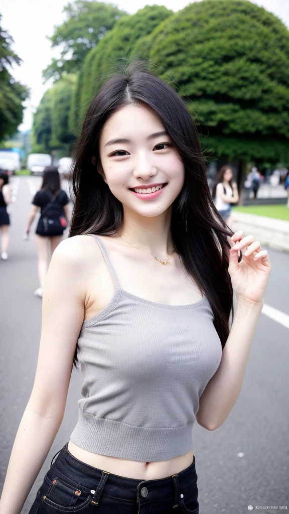 22-year-old girl, with gray eyes, pale white skin, slim figure, smiling, black hair, fashionable, doing a very youthful activity, photo taken with an ultra-realistic professional camera