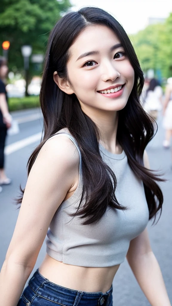 22-year-old girl, with gray eyes, pale white skin, slim figure, smiling, black hair, fashionable, doing a very youthful activity, photo taken with an ultra-realistic professional camera