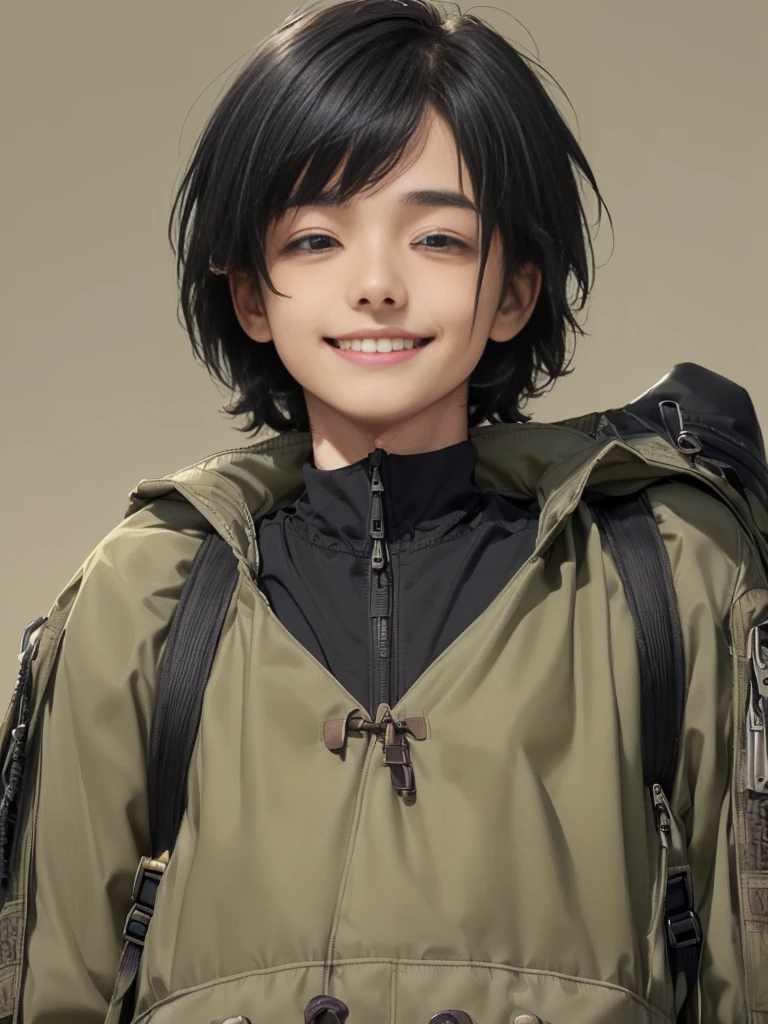 (((Masterpiece))), (high quality), one Japanese boy, 18 years old,(tall and thin,sleepy droopy eyes, long face, (thin cheeks:1.2),(black shaggy short hair,blank expression,smile:1.5),(khaki outdoor jacket,Black Rucksack,Close-up of face:1.5),(from below,Plain background:1.5),