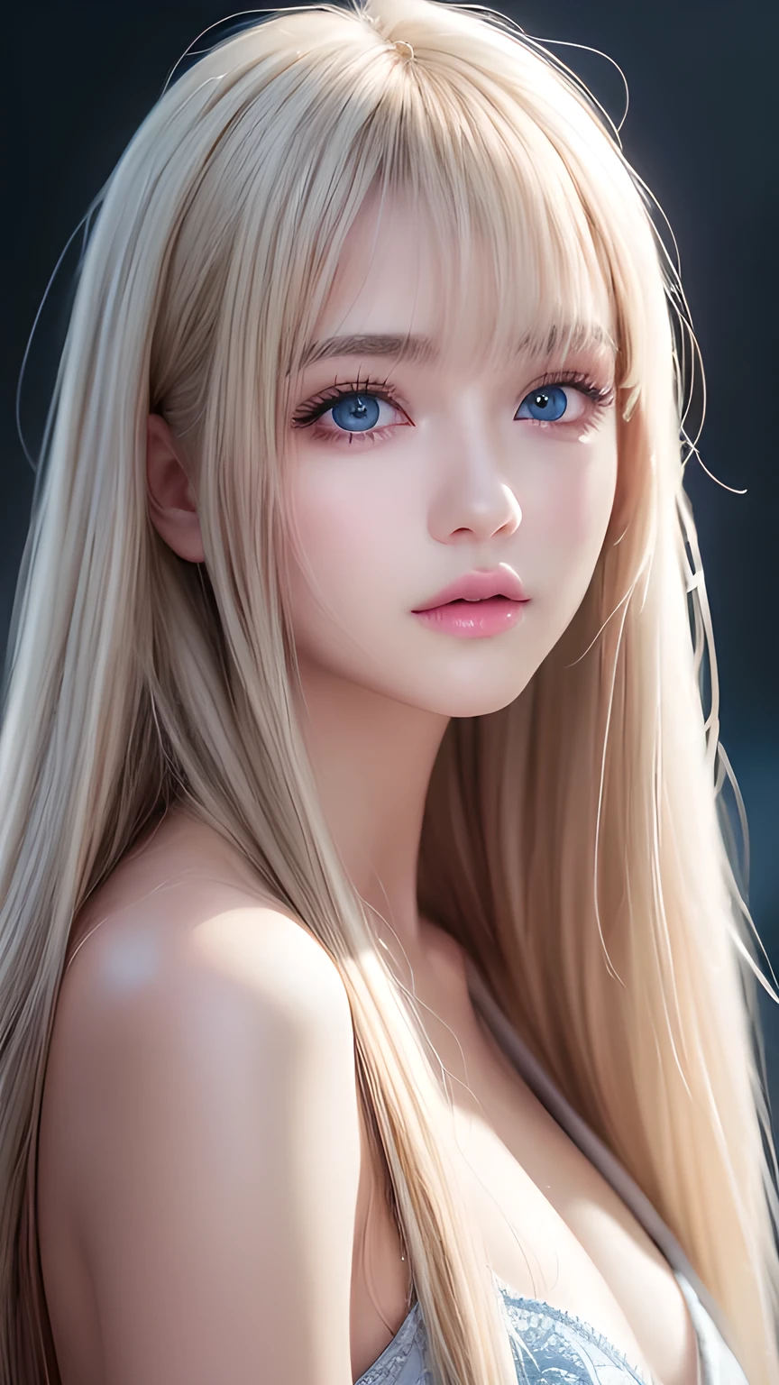 Dressed、(Photorealistic:1.4)、(ハイパーRealistic:1.4)、(Realistic:1.3)、(Smooth lighting:1.05)、(Improved cinematic lighting quality:0.9)、32k、1 Girl、A beautiful woman、Very cute expression、A beautiful blonde girl、bangs that fall on the face、Bangs left over the eyeessy bangs between the eyes and nose、Realistic top lighting、Backlight、Face Light、Super long silky platinum hair、Blonde rays、(Bright light:1.2)、(quality improvement:1.4)、(Highest quality realistic textured skin:1.4)、Very beautiful, detailed, shiny, very bright, mint blue, large eyes、Very big eyes、Detailed face、A careful eye for quality、(Tired, sleepy and satisfied: 0.0)、Face close up、T-Shirts、(Enhances the body line:1.1)、(Enhances the beauty of skin texture:1.1)、Cheek gloss highlighter、Small Face Beauty、Round face、Very white and bright skin