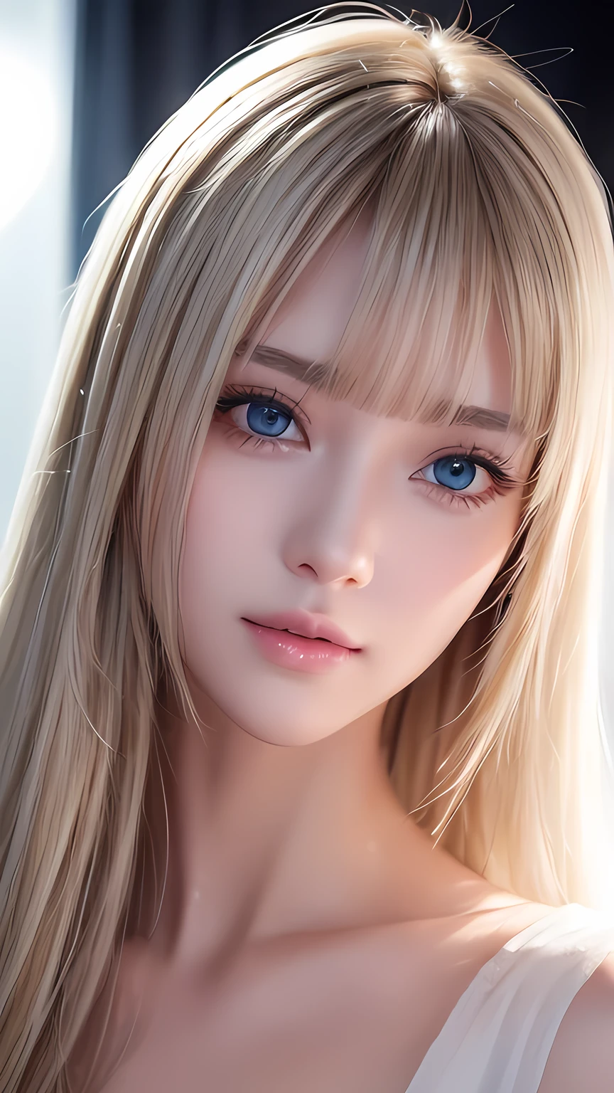 Dressed、(Photorealistic:1.4)、(ハイパーRealistic:1.4)、(Realistic:1.3)、(Smooth lighting:1.05)、(Improved cinematic lighting quality:0.9)、32k、1 Girl、A beautiful woman、Very cute expression、A beautiful 15 year old blonde girl、bangs that fall on the face、Bangs left over the eyeessy bangs between the eyes and nose、Realistic top lighting、Backlight、Face Light、Super long silky platinum hair、Blonde rays、(Bright light:1.2)、(quality improvement:1.4)、(Highest quality realistic textured skin:1.4)、Very beautiful, detailed, shiny, very bright, mint blue, large eyes、Very big eyes、Detailed face、A careful eye for quality、(Tired, sleepy and satisfied: 0.0)、Face close up、T-Shirts、(Enhances the body line:1.1)、(Enhances the beauty of skin texture:1.1)、Cheek gloss highlighter、Small Face Beauty、Round face、Very white and bright skin