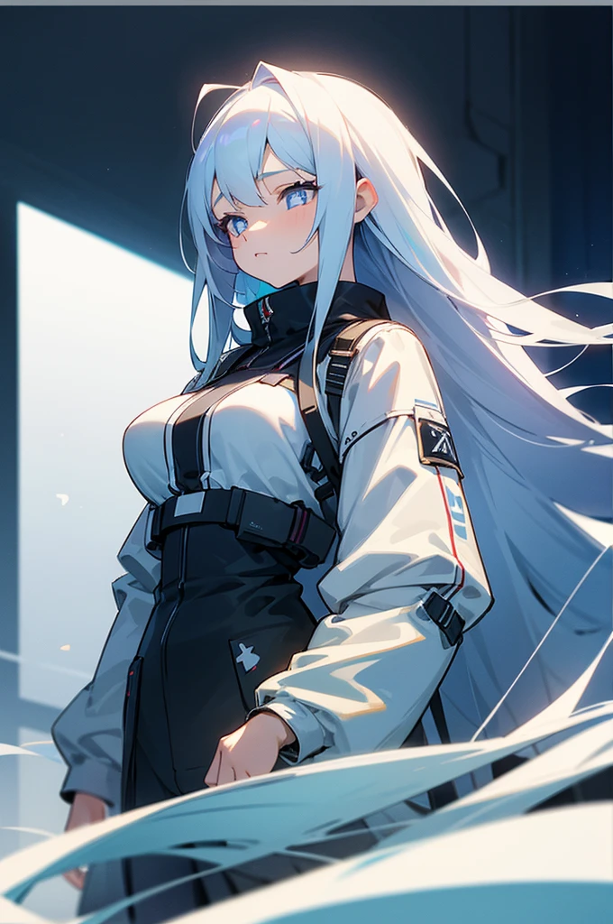 A girl,White long hair,Dissemination,Light blue pupils,Big breasts,17-year-old girl,Humanity,A bit dull,mild,Casual wear,Azur route style