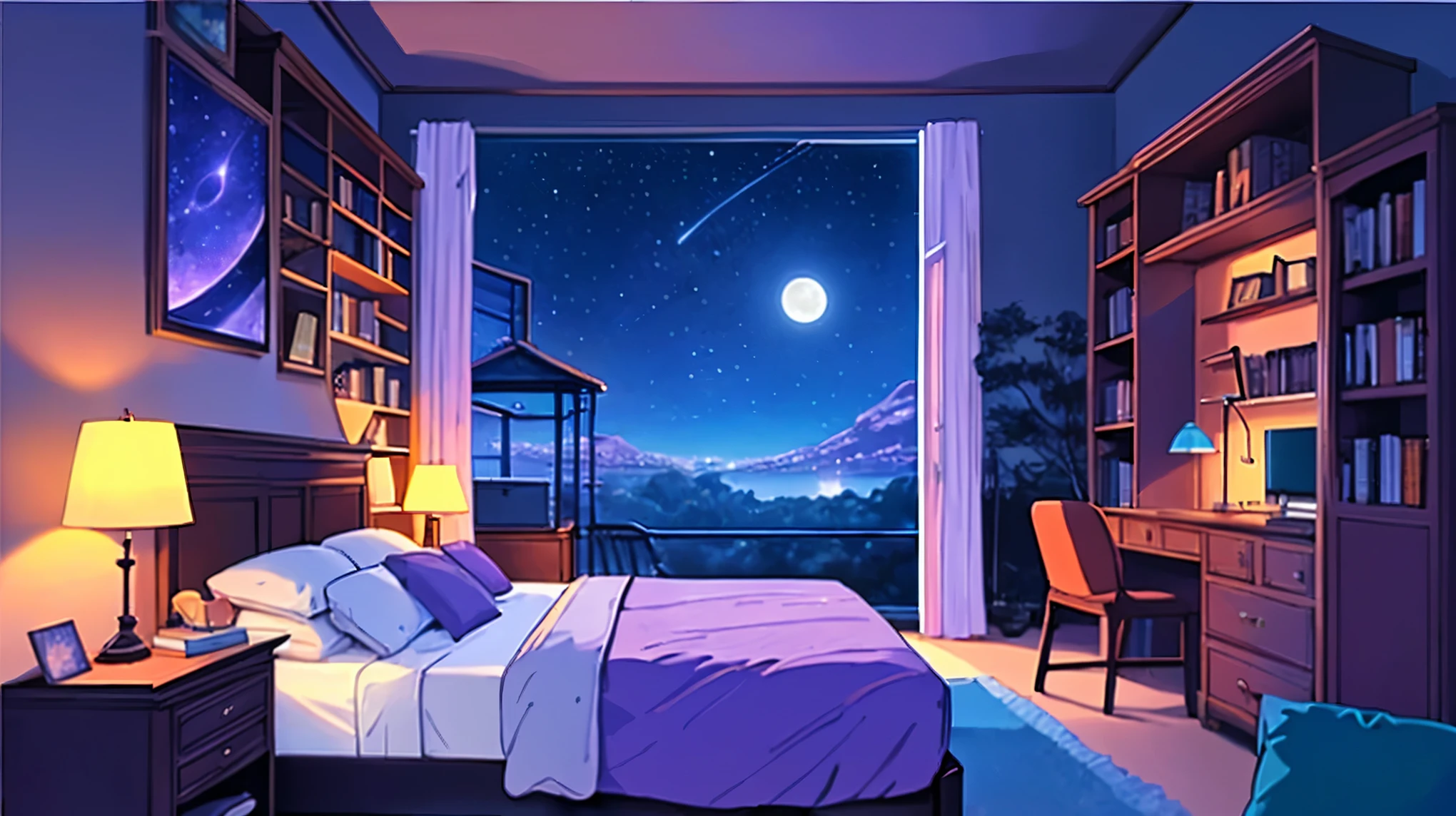 A bedroom, bed in the room, Books on shelf, comfort, Night vision, starry sky, Moonlight, big windows, cozy landscape cheered up style, cheered up, High Definition, high quality, high detail, super detail, Masterpiece, At night, synth wave colors, purple and blue closed doors