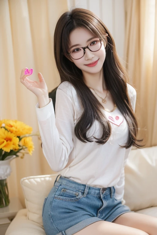 Highest quality、masterpiece、High sensitivity、High resolution、Detailed Description、Slender women、Slim Body、Glasseaking a heart shape with your hands、Casual clothes、smile、