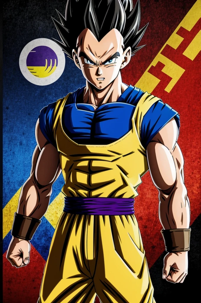 Create a picture of vegeta from dragonball in clothes from kurdistan with kurdistan flag on the clothes and it should be anime 