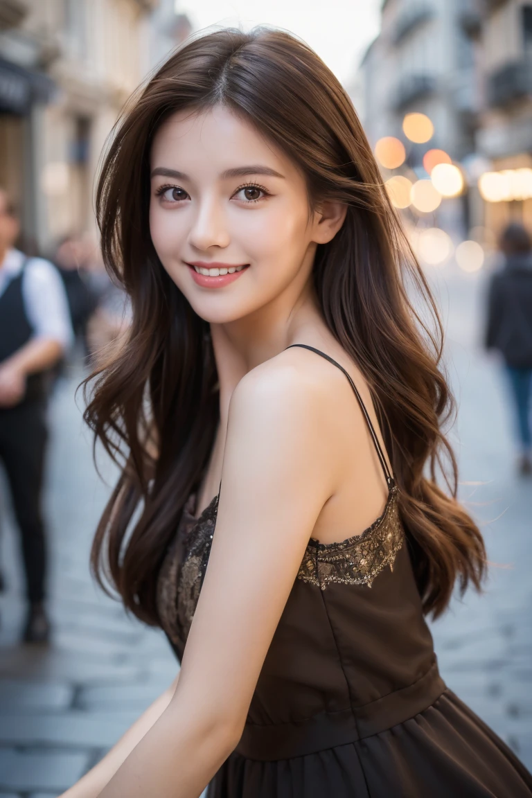 ((Highest quality, 8K, masterpiece :1.3)), 1 Girl, A big smile, whole body, Face thinning, Beautiful woman, (Dark brown hair), Full-length dress :1.1, Highly detailed face, Delicate eyes, double eyelid, , Face thinning, city, France,External, street,