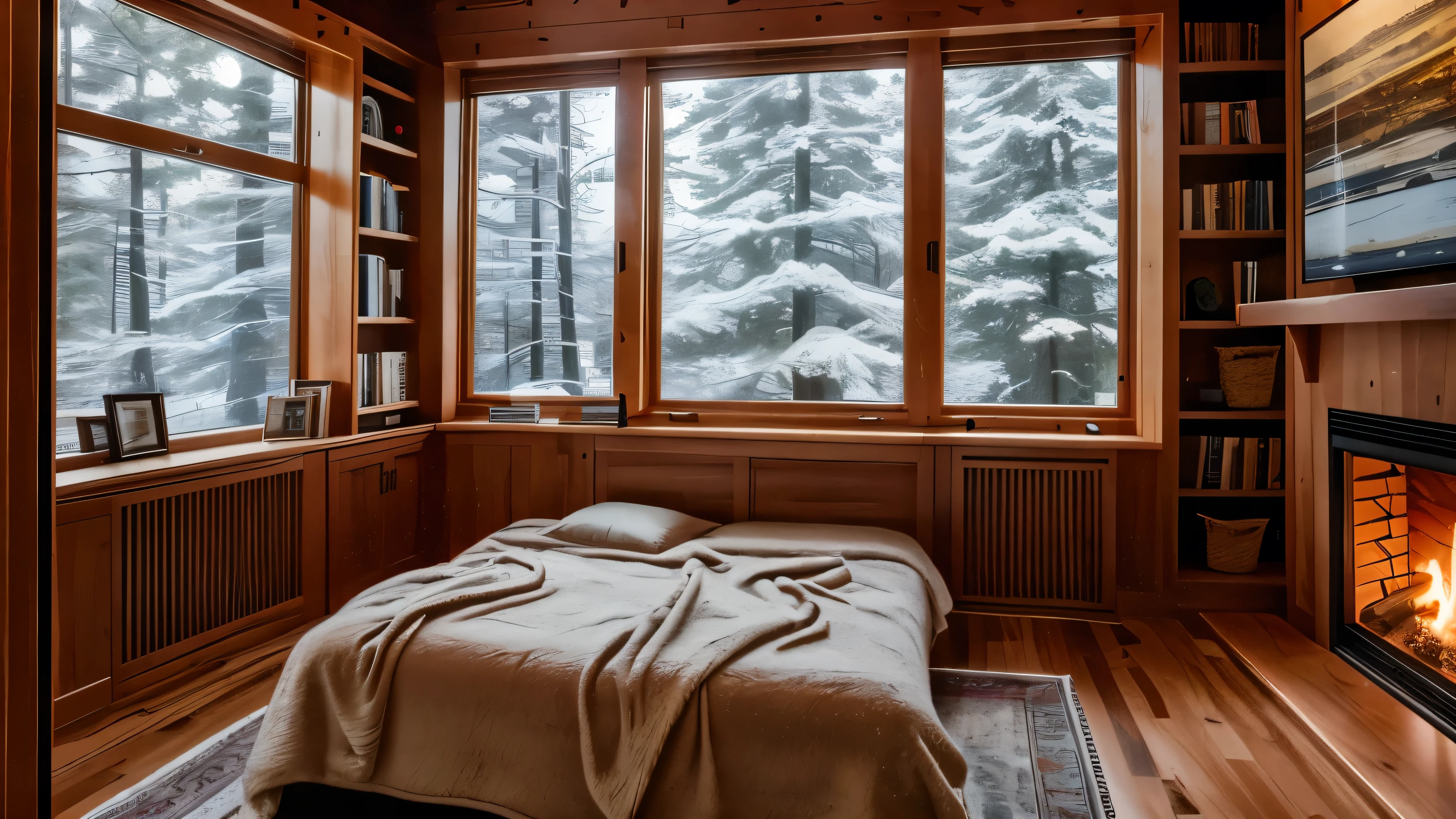 a bedroom with large windows, night, winter, cozy atmosphere, fireplace is burning, shelves with books, thick blanket, warm lighting, soft textures, atmospheric, photorealistic, detailed, 8k, high resolution, masterpiece