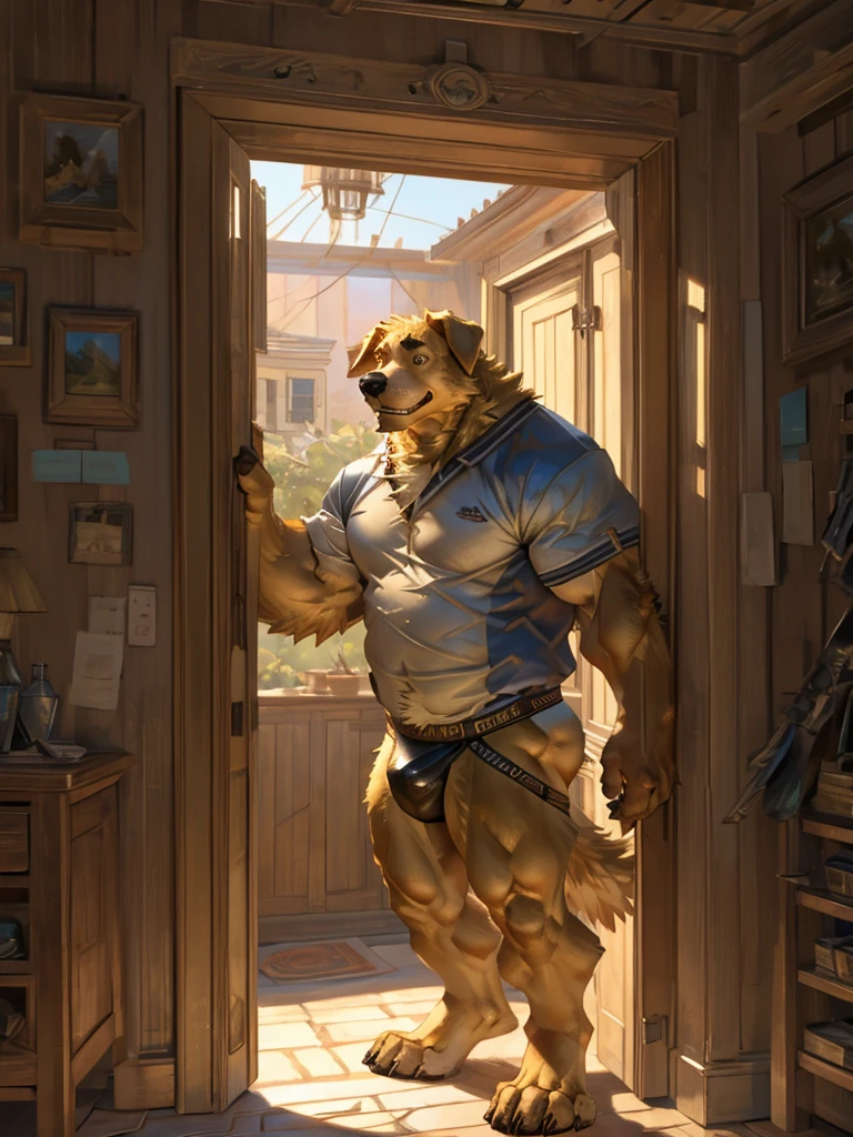 By Taran fiddler, a picture of an adult male, furry canine (golden retriever), golden retriever, dilf, rugged features, smiling, one man, ?????, wearing white jockstrap only, answering a door, opening door, leaning against doorframe, at a house entrance, facing viewer