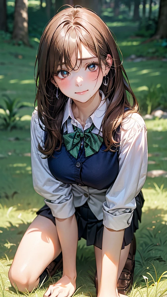 (masterpiece:1.2, top-quality), (realistic, photorealistic:1.4), beautiful illustration, (natural side lighting, movie lighting),
looking at viewer, cowboy shot, front view:0.6, 1 girl, japanese, high school girl, perfect face, cute and symmetrical face, shiny skin,
(long hair:1.8, straight hair:1.7, light brown hair), parted bangs, emerald green eyes, long eye lasher, (large breasts:0.9, thick thighs),
beautiful hair, beautiful face, beautiful detailed eyes, beautiful clavicle, beautiful body, beautiful chest, beautiful thigh, beautiful legs, beautiful fingers,
((, white collared shirts, black pleated mini skirt, black socks, brown loafers, red bow tie)), break, hoop ring earrings, pink panties, dark blue violet cardigan
(beautiful scenery),
In a grassy field, a girl is on all fours, and a big dog is behind her, grabbing her waist with its paws and holding her close to the lower half of her body.
Her face is bright red and flushed, her mouth is open, and she looks like she is about to cry.
She is wearing a very short skirt.