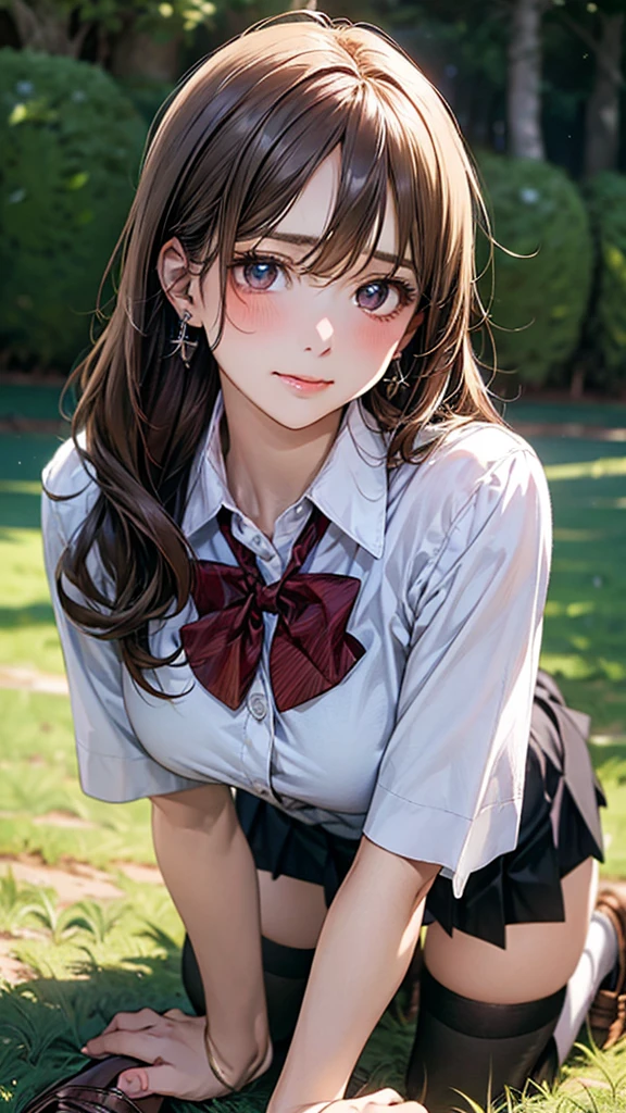 (masterpiece:1.2, top-quality), (realistic, photorealistic:1.4), beautiful illustration, (natural side lighting, movie lighting),
looking at viewer, cowboy shot, front view:0.6, 1 girl, japanese, high school girl, perfect face, cute and symmetrical face, shiny skin,
(long hair:1.8, straight hair:1.7, light brown hair), parted bangs, emerald green eyes, long eye lasher, (large breasts:0.9, thick thighs),
beautiful hair, beautiful face, beautiful detailed eyes, beautiful clavicle, beautiful body, beautiful chest, beautiful thigh, beautiful legs, beautiful fingers,
((, white collared shirts, black pleated mini skirt, black socks, brown loafers, red bow tie)), break, hoop ring earrings, pink panties, dark blue violet cardigan
(beautiful scenery),
In a grassy field, a girl is on all fours, and a big dog is behind her, grabbing her waist with its paws and holding her close to the lower half of her body.
Her face is bright red and flushed, her mouth is open, and she looks like she is about to cry.
She is wearing a very short skirt.