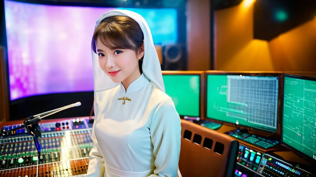 A beautiful girl inside a music studio , Wear Vietnamese Ao Dai, High quality photos, HD, 4K