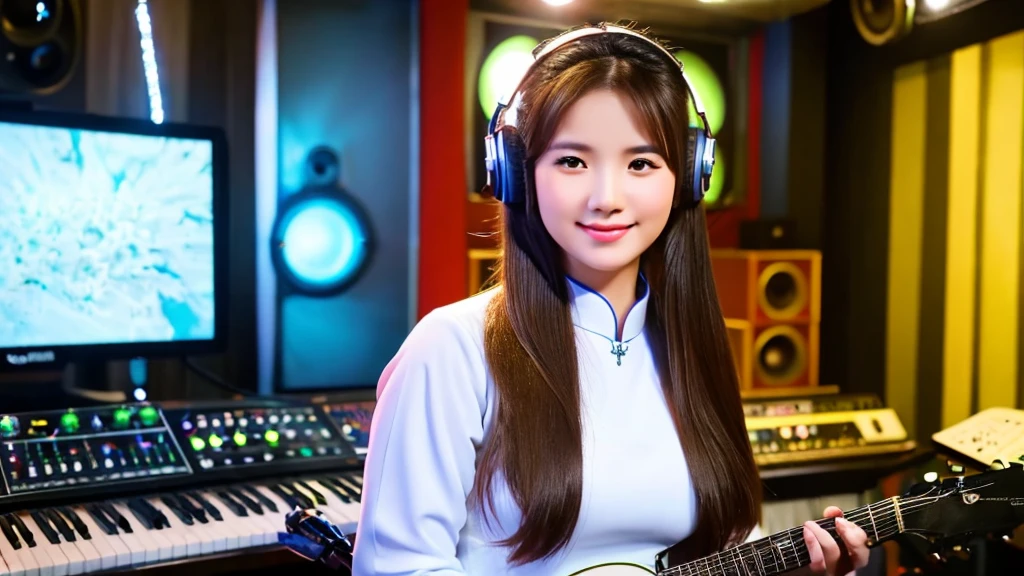 A beautiful girl inside a music studio , Wear Vietnamese Ao Dai, High quality photos, HD, 4K