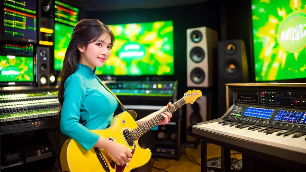 A beautiful girl inside a music studio , Wear Vietnamese Ao Dai, High quality photos, HD, 4K