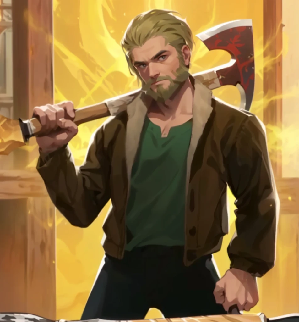 a close up of a cartoon of a man holding a large ax, holding axe, lumberjack, holding an axe, with axe, with an axe, attacking with axe, with a two handed axe, holding a poisonous axe, wielding an axe, wielding an axe on each hand, dual wielding axes, godsent, wielding a huge great axe, epic rpg portrait