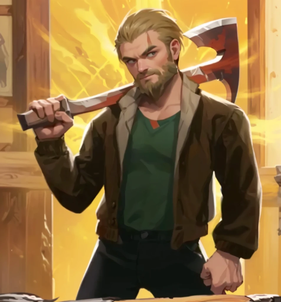 a close up of a cartoon of a man holding a large ax, holding axe, lumberjack, holding an axe, with axe, with an axe, attacking with axe, with a two handed axe, holding a poisonous axe, wielding an axe, wielding an axe on each hand, dual wielding axes, godsent, wielding a huge great axe, epic rpg portrait