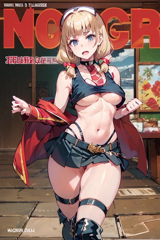 (masterpiece:1.2), (Military uniform magazine cover:1.4),best quality,PIXIV,Sweet girl , sexy posture,1girl, (perky chest:1.2), rolling upskirt by wind:1.6, (with sparkling eyes and a contagious smile),open mouth, (pointed chest:1.2),fishnets, black hair, boots, long hair, black nails, skirt, shirt, black footwear, bag, black skirt, jewelry, jacket,  thigh strap, bangs, necktie, earrings, nail polish, multicolored hair, looking at viewer, full body, bottle, own hands together, belt, jacket on shoulders, food, cats on head, ring, choker, english text, collared shirt, blue eyes, hat, lace-up boots ,masterpiece、highest quality、Very detailed、An illustration、Beautiful fine details、One Girl、cute、Detailed landscape、Training Room Background:1.4、Platinum Blonde Hair、Braided Ponytail、Red camisole、((c cup breasts, Tank top showing underboob:1.4))
