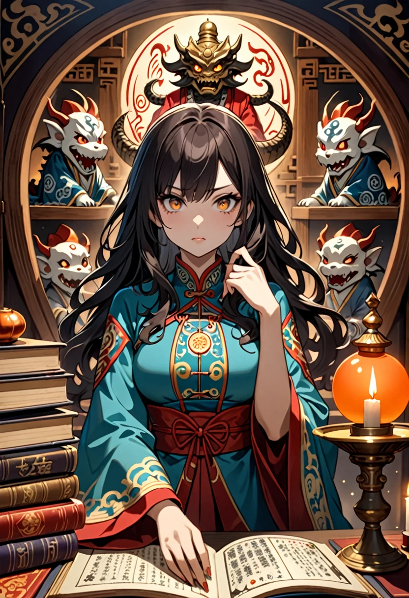 Highest quality, 16K, Unbelievably absurd, Very detailed, 2.5D, delicate and dynamic, magic space , formal, Fortune Telling Hut, Chinese style, candle, Astrology Books, Asian monster figurine, , 分厚いAstrology Books, Creepy Paintings, , Dragon mural, spooky, Dimly lit room, Small face, Very delicate facial expressions, Delicate eye depiction, Upper body close-up, , One sexy woman, Cool woman, black long wavy hair, Healthy body shape, 25-year-old woman, Cool woman, King Enma, Height: 170cm, huge bouncing busts, astrologer, Horoscope, to pronounce a death sentence, Suspicious look, Chinese clothing with a complex structure, Chic colored clothes, , Magician&#39;s shoes pointing at the camera, Chinese styleの椅子に座る, At the desk, Fortune telling, 