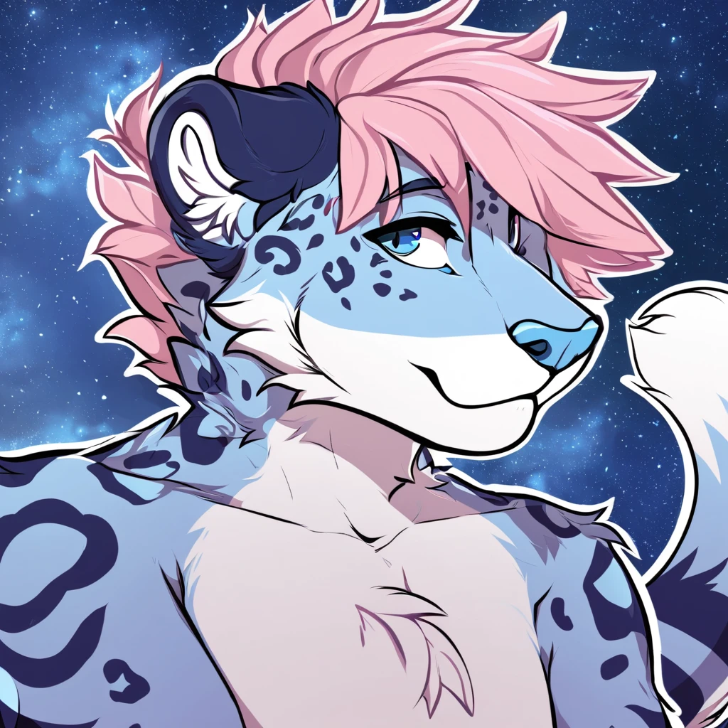 adult, feline, mammal, anthro, anthropomorphic, snow_leopard, striped, fur, striped_feline, fur, furred_anthro, femboy, male, light_pink, fluffy, long_tail, blue_nose, expressive eyes, feline_ears, pink_hair, blue_fur, light_blue_chest, shy, small_pupils, spotted_pattern, stripes, digital_art, high_resolution, high_res, hand-drawn, pencil_lines, head_visible, background, neck_visible, seductive_face, blue_galaxy_background, white_outline, detailed_line_work, profile_picture, head_visible