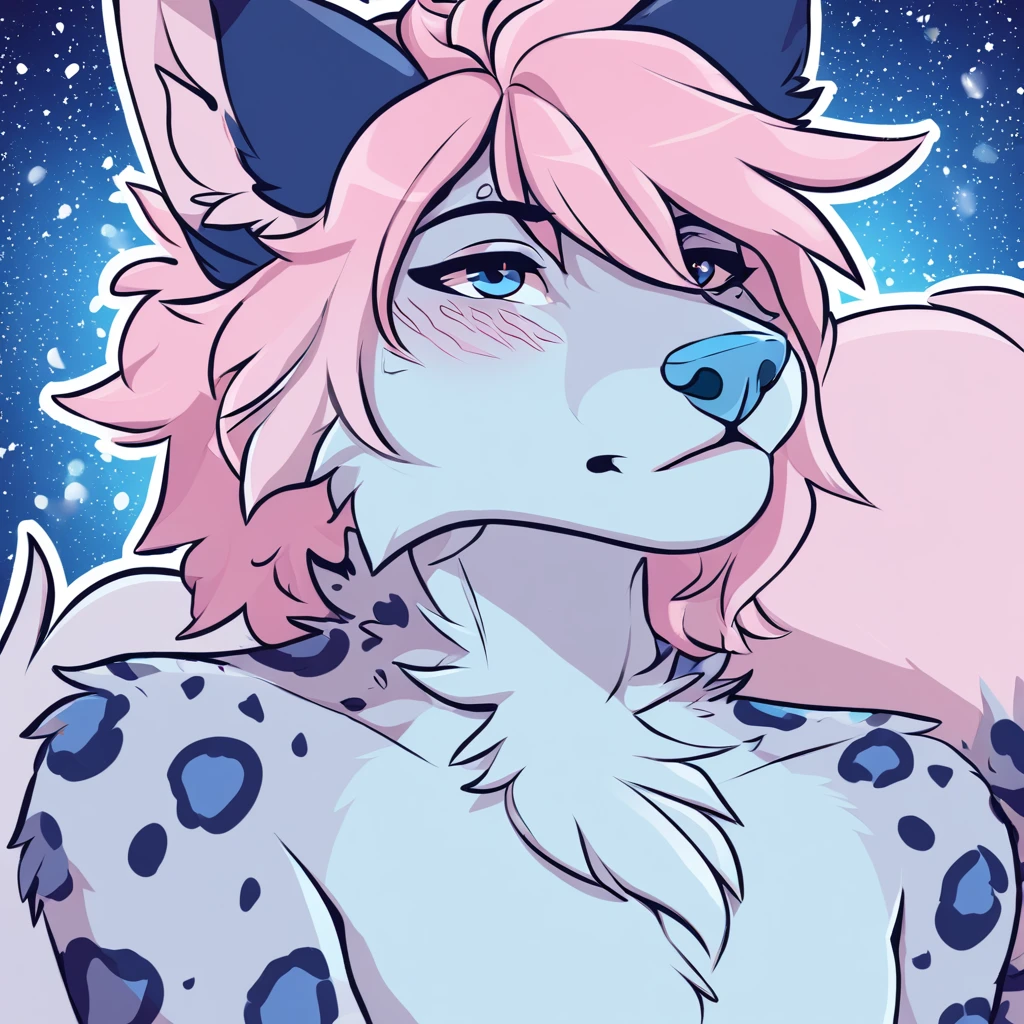 adult, feline, mammal, anthro, anthropomorphic, snow_leopard, striped, fur, striped_feline, fur, furred_anthro, femboy, male, light_pink, fluffy, long_tail, blue_nose, expressive eyes, feline_ears, pink_hair, blue_fur, light_blue_chest, shy, small_pupils, spotted_pattern, stripes, digital_art, high_resolution, high_res, hand-drawn, pencil_lines, head_visible, background, neck_visible, seductive_face, blue_galaxy_background, white_outline, detailed_line_work, profile_picture, head_visible