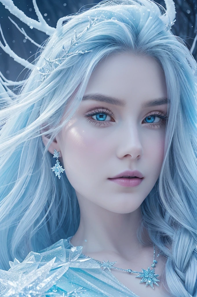 I apologize for the mistake! Here's a revised prompt for a dreamy Ice Queen image, inspired by the style of webtoons:

"Frozen Grace"

In a mystical realm of eternal winter, a serene Ice Queen stands amidst a shimmering palace of crystal and snow. Her long hair flows like a river of night, and her eyes burn with a soft, ethereal light. With graceful fingers, she summons a delicate snowflake, its intricate patterns reflecting the secrets of the frozen land. The atmosphere is tranquil, with a hint of magic and mystery, as if the Ice Queen holds the whispers of the winter wind.

This prompt aims to evoke a dreamy, webtoon-inspired image that captures the enchantment and beauty of the Ice Queen's frozen domain.